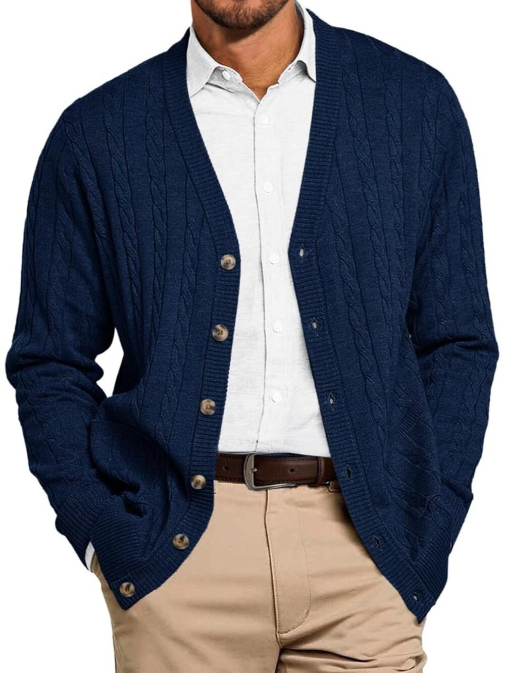 🆕Men's Dark Blue Chunky Knit Cardigan Sweater V Neck Button Up With Pockets